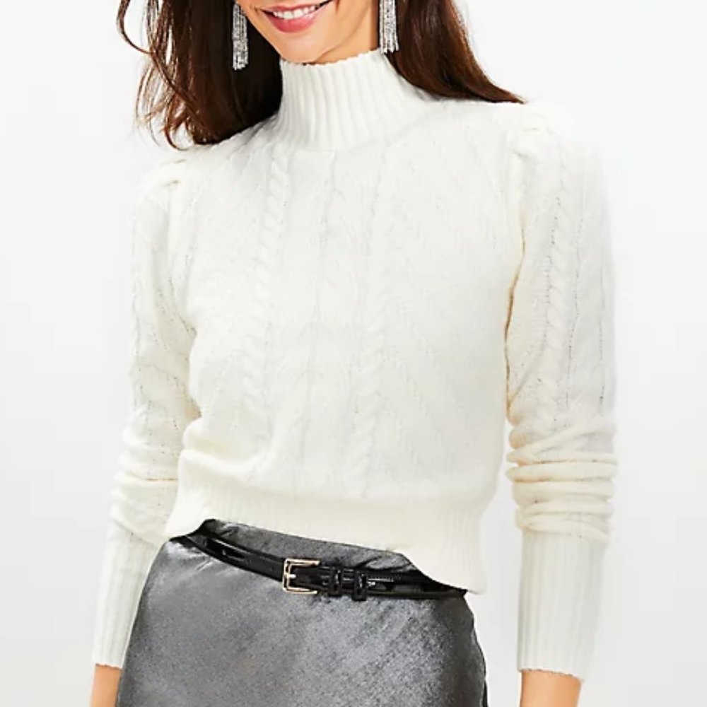 LOFT Puff Sleeve Turtleneck Cable Sweater - NWT - L